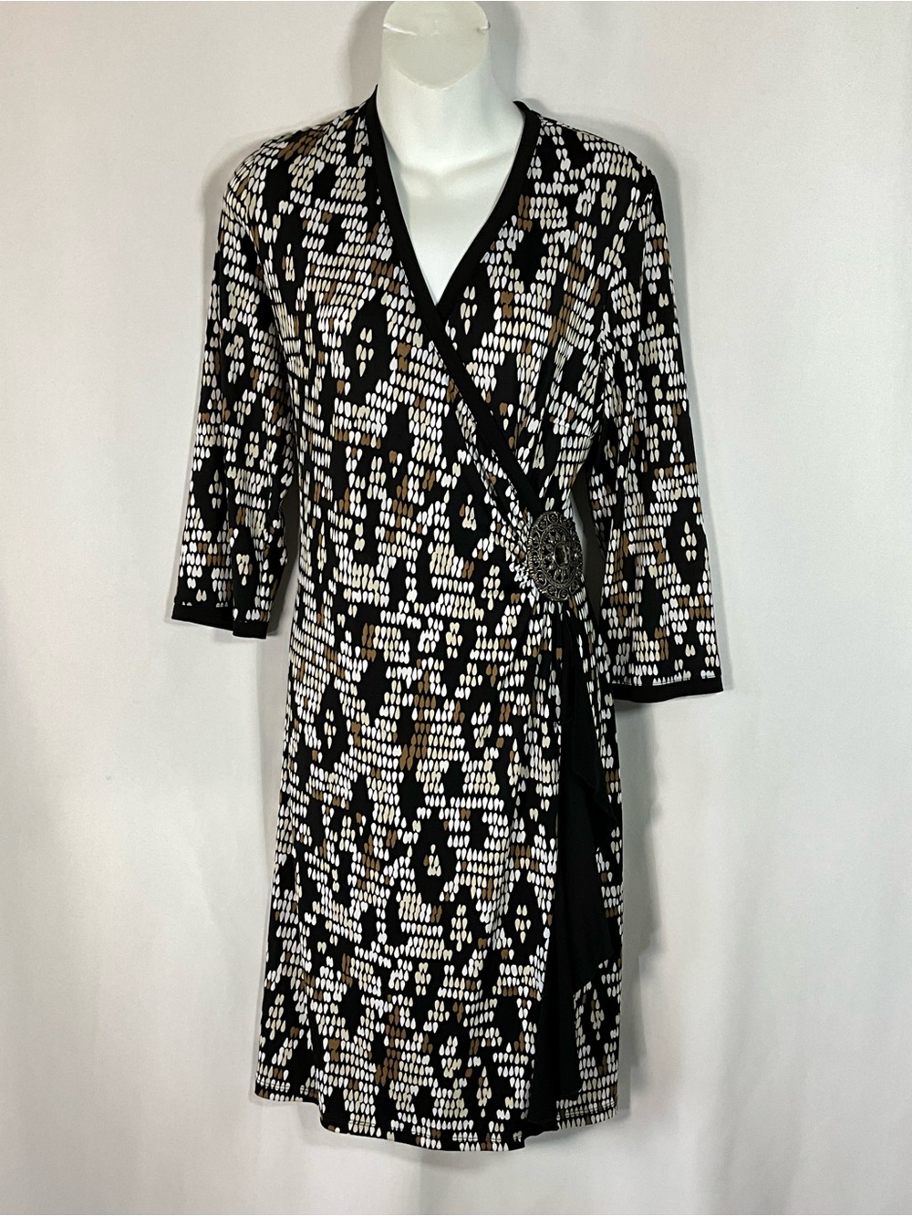 Milano Dress Size L Black, Ivory & Bronze Abstract Dot-Print 3/4 Sleeves